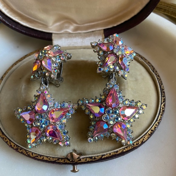 Vintage Thelma Deutsch Earrings pink/Star with AB Rhinestones Clip On ea… - Picture 11 of 13